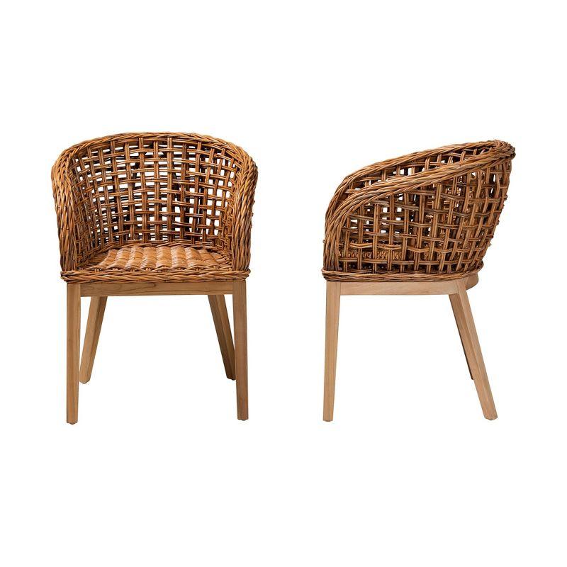 bali & pari Mario Modern Bohemian Natural Brown Finished Teak Wood and Rattan 2-Piece Dining Chair Set