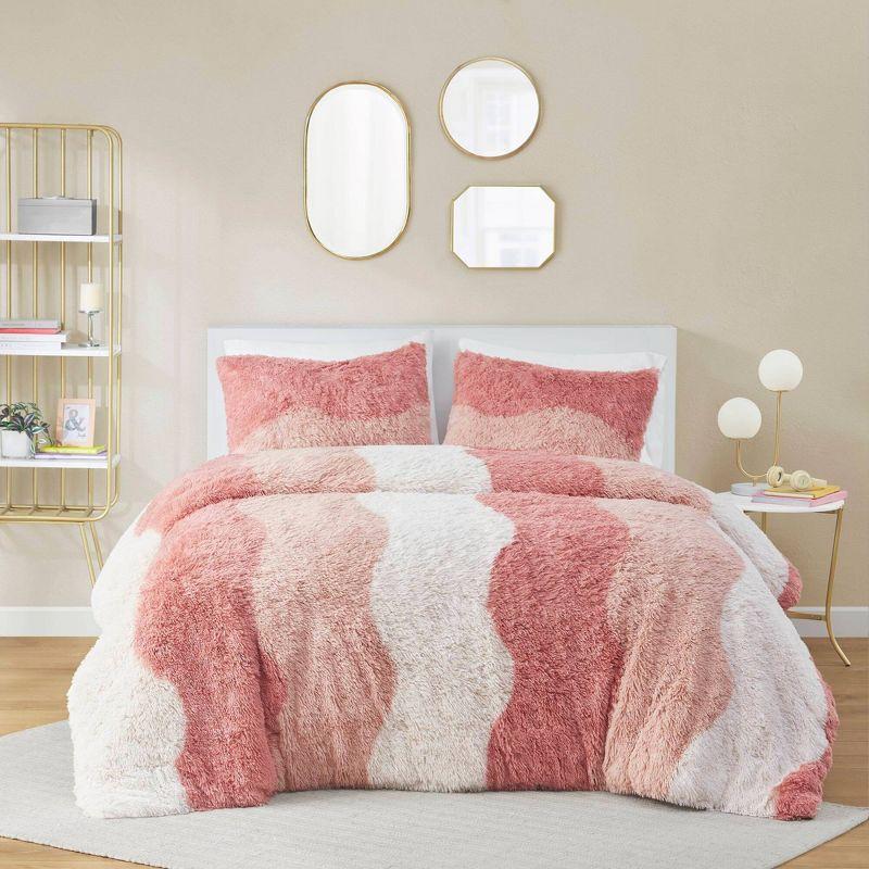 Blush Ombre Shaggy Faux Fur Queen Duvet Cover Set