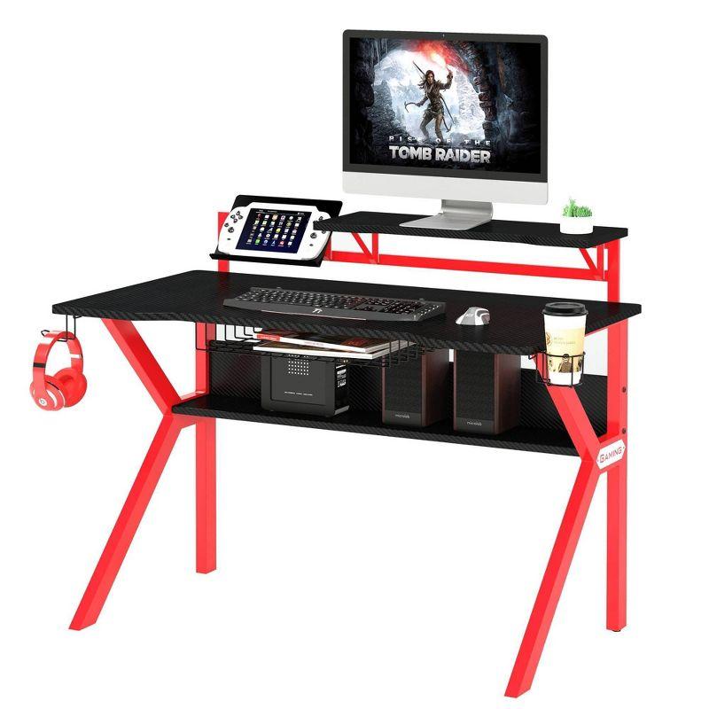 PVC Coated Ergonomic Metal Frame Gaming Desk Black/Red - The Urban Port: Elevated Monitor Shelf, K-Shaped Legs, Headphone Holder