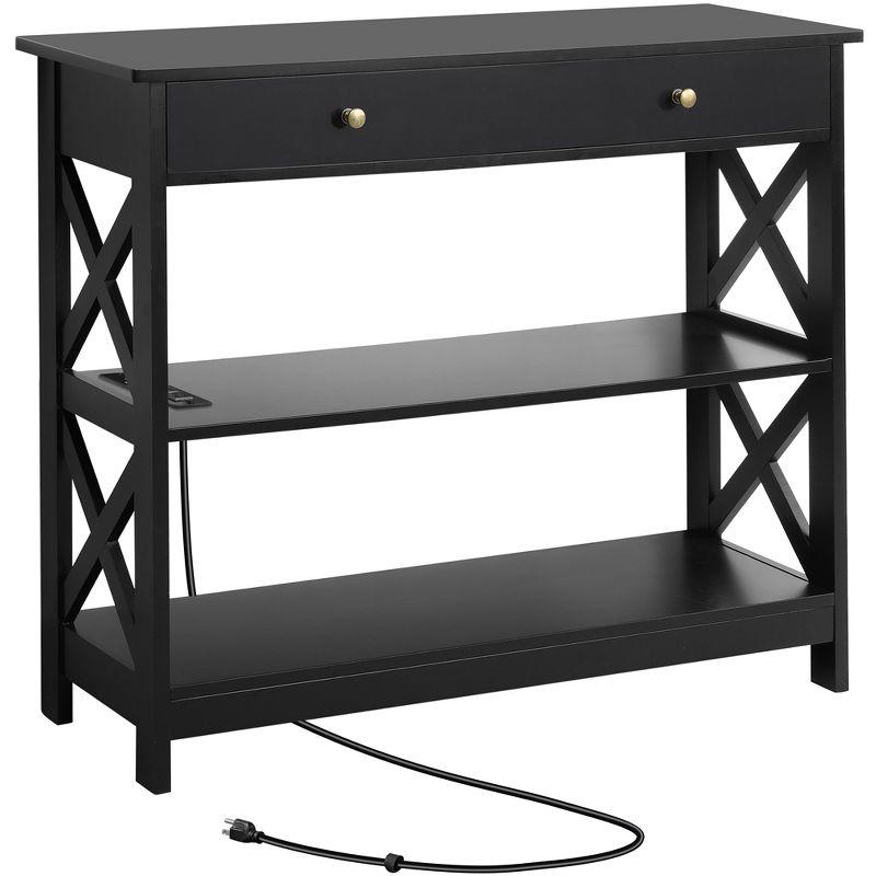 Black Wooden Console Table with Power Outlet and Storage