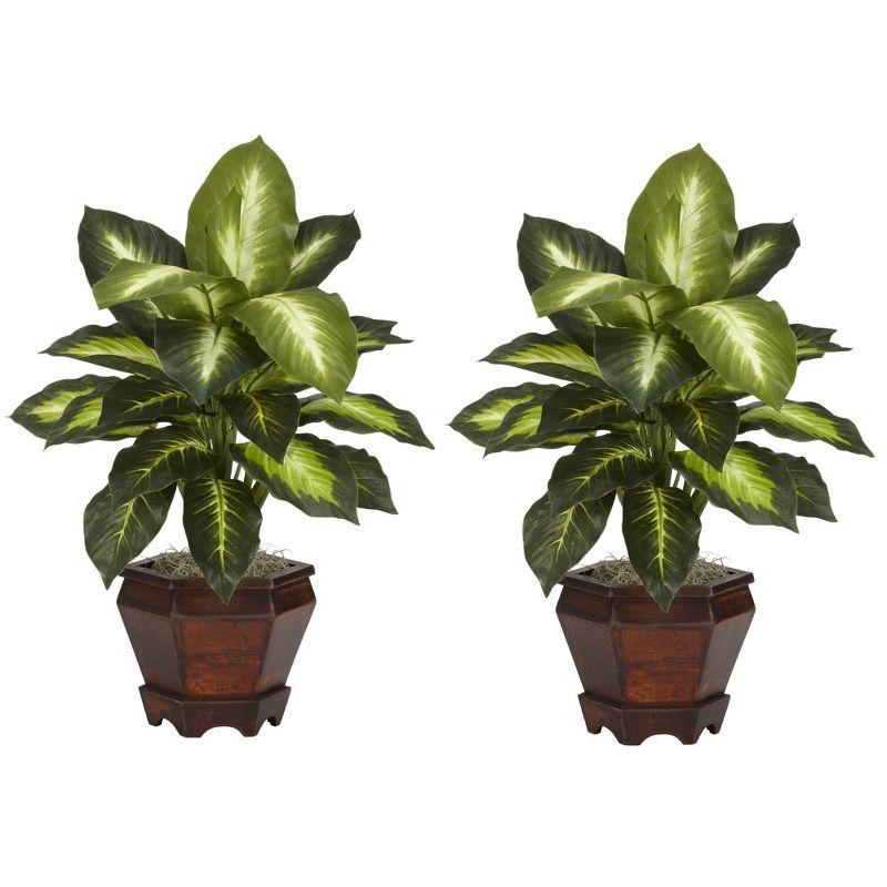 Lush Two-Tone Dieffenbachia Silk Plant Duo with Wooden Vase