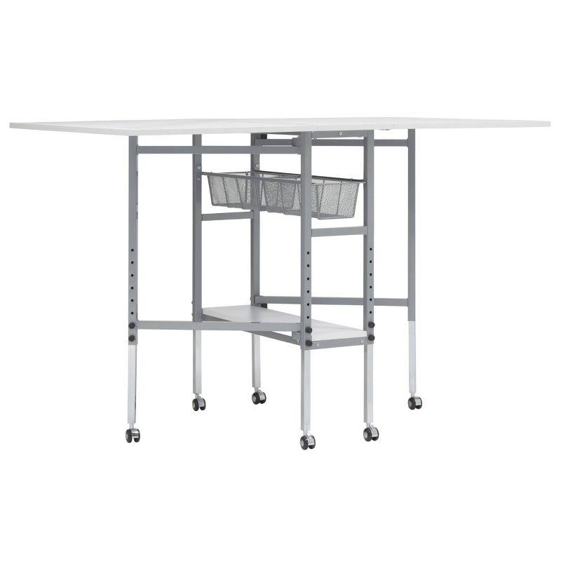 Adjustable Silver and White Folding Cutting Table with Grid Top