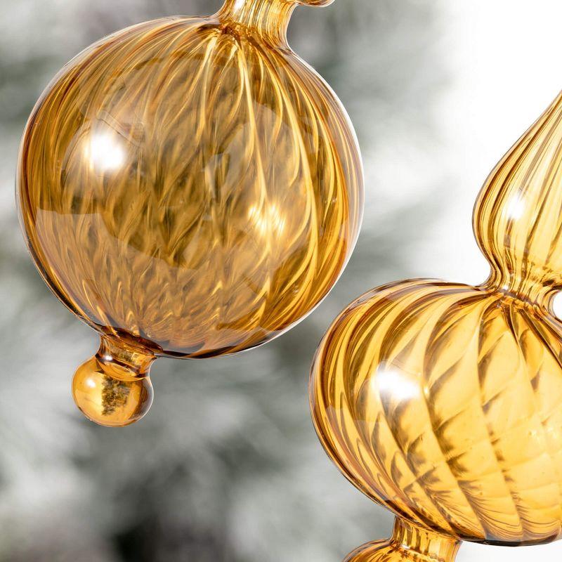 Golden Glass Finial Ornament Set with Swirling Design