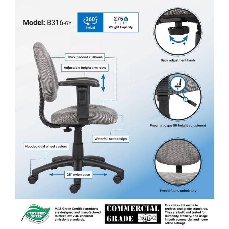 Deluxe Gray Fabric Task Chair with Adjustable Arms and Swivel Base