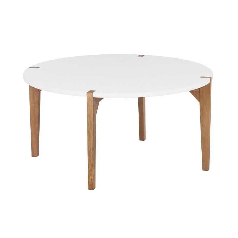 Modern Oak and White Round Coffee Table with Solid Wood Legs