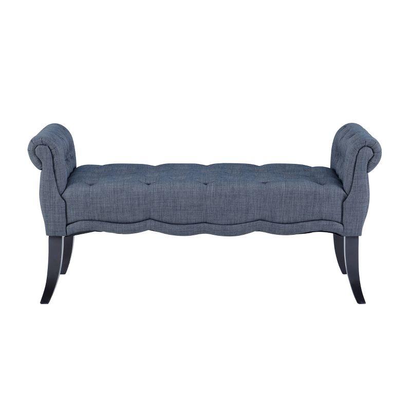 Charcoal Tufted Linen Roll Arm Bench with Espresso Legs