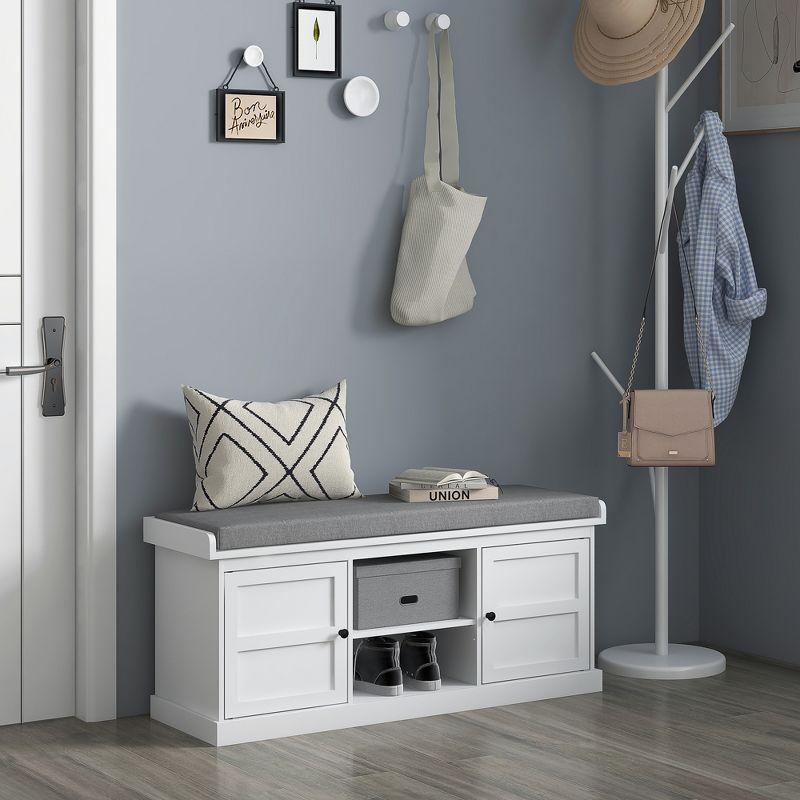 HOMCOM Shoe Bench with Cushion, Storage Bench for Entryway with Padded Seat, 2 Cabinets and Adjustable Shelf for Hallway, Living Room, Bedroom, White