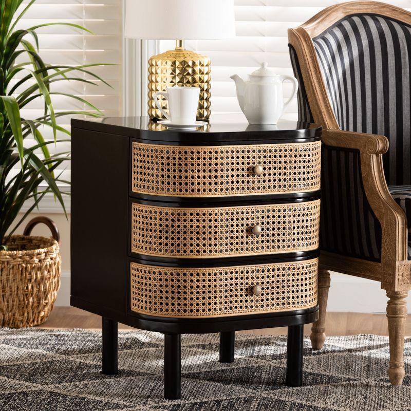 Nabila Black Bayur Wood and Natural Rattan 3-Drawer Nightstand