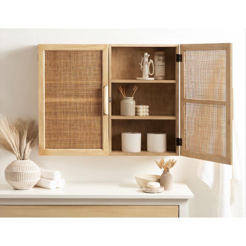 Natural Rattan and Wood Wall Cabinet with Shelves