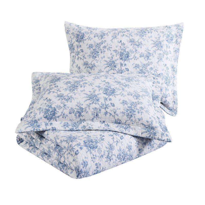 Blue Floral Cotton Reversible Full Quilt Set