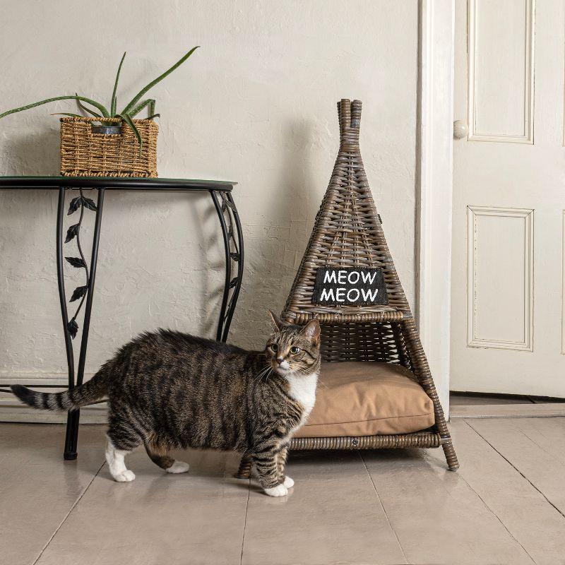 Tiki Tent 20" x 20" Coastal Handwoven Rattan Cat Bed with Machine-Washable Cushion, Kubu Gray