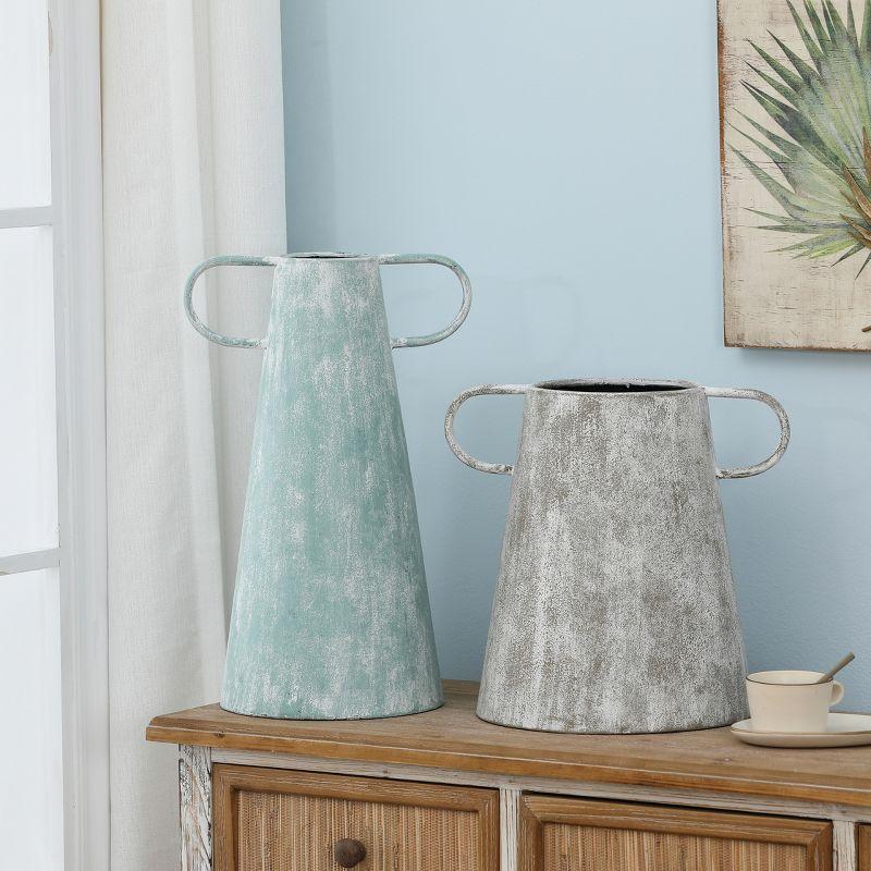 Set of 2 Distressed Blue and Gray Metal Vases