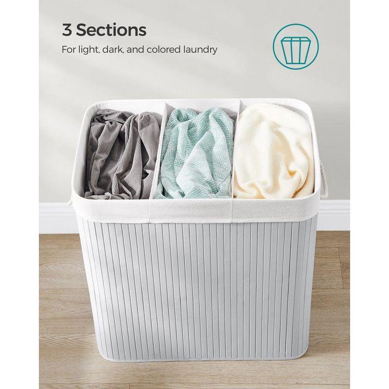 SONGMICS 39.6Gal (150L) Laundry Hamper, 3-Section Laundry Basket, Laundry Hamper with Lid, Bamboo, Foldable, Removable and Machine Washable Liner,Gray