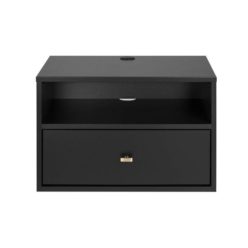 Sleek Black Floating Nightstand with Drawer and Open Shelf