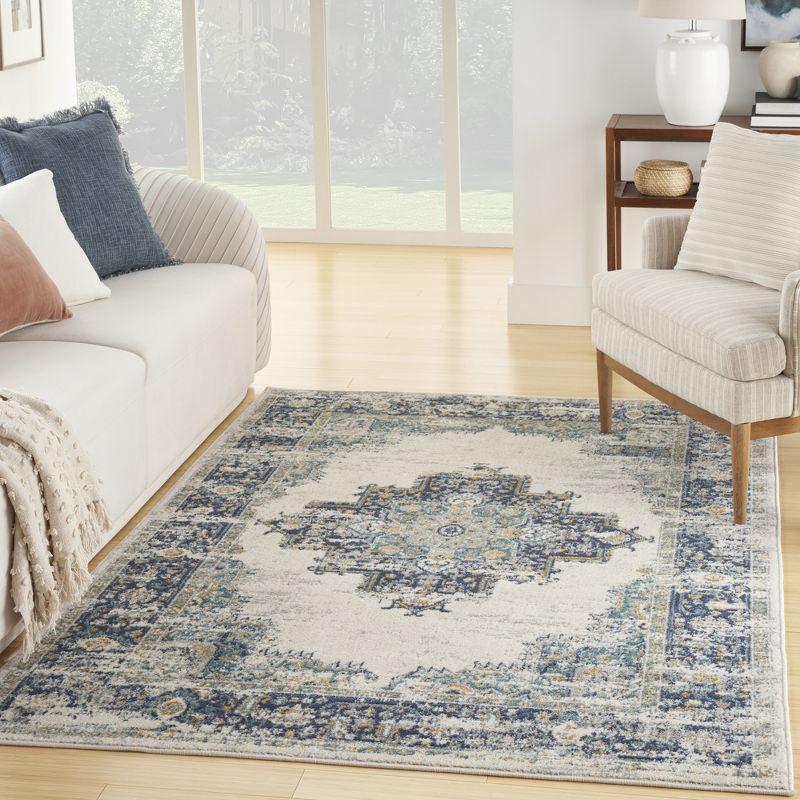 Ivory Grey Blue Floral 8' x 10' Synthetic Area Rug