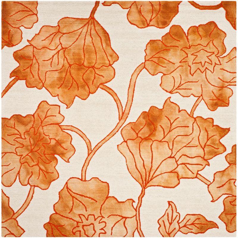 Ivory and Orange Hand-Tufted Wool Floral Square Rug