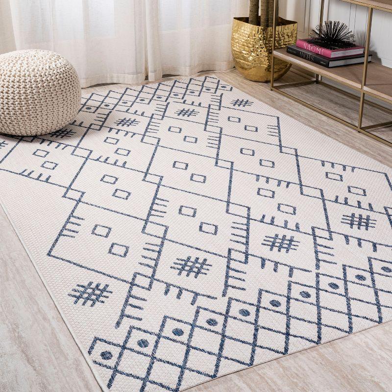 Ivory/Navy Geometric 8'x10' Synthetic Boho Moroccan Rug