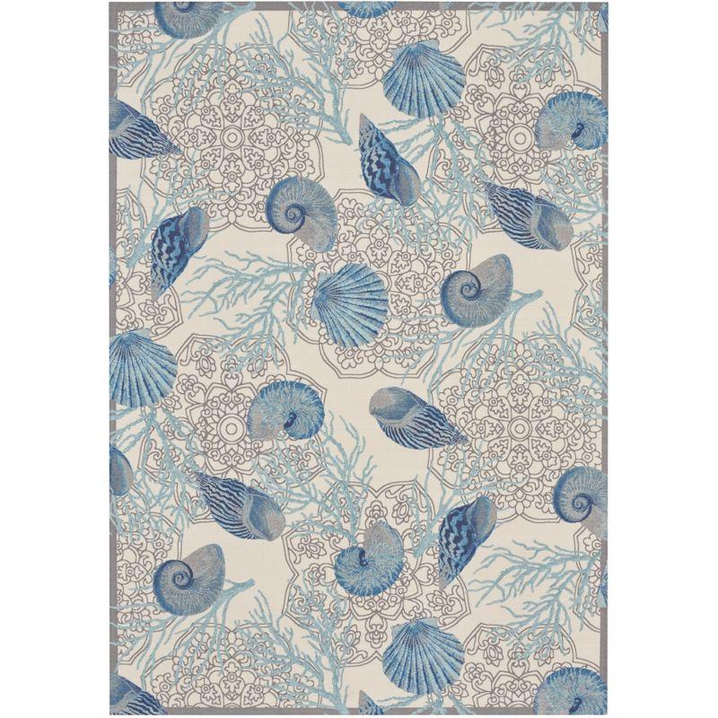 Ivory Blue Floral Synthetic Rectangular Area Rug 6'6" x 9'6"