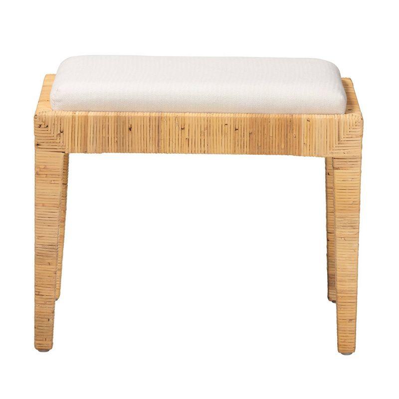 Sofia Rattan and Mahogany Wood Ottoman White/Natural Brown - Baxton Studio: Handmade, No Assembly Required