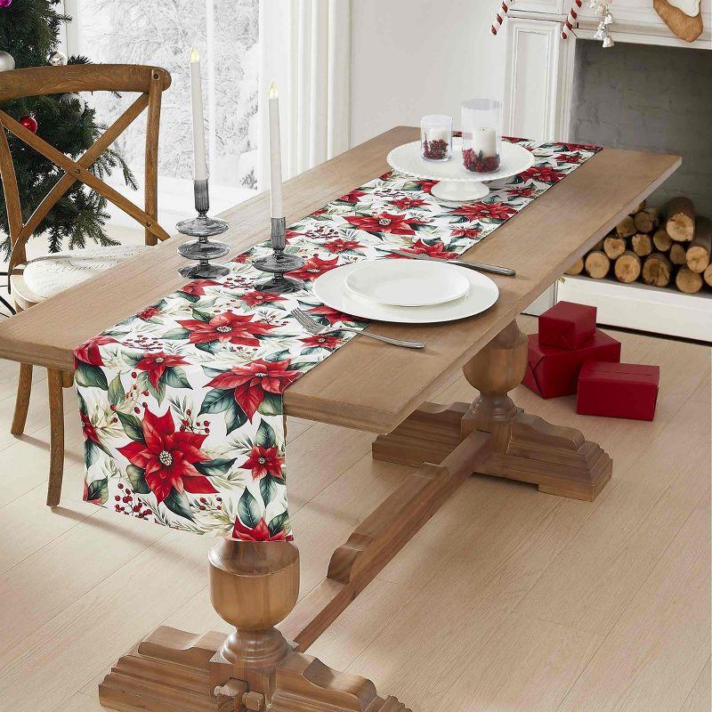 Poinsettia Floral Ivory and Red Polyester Holiday Table Runner