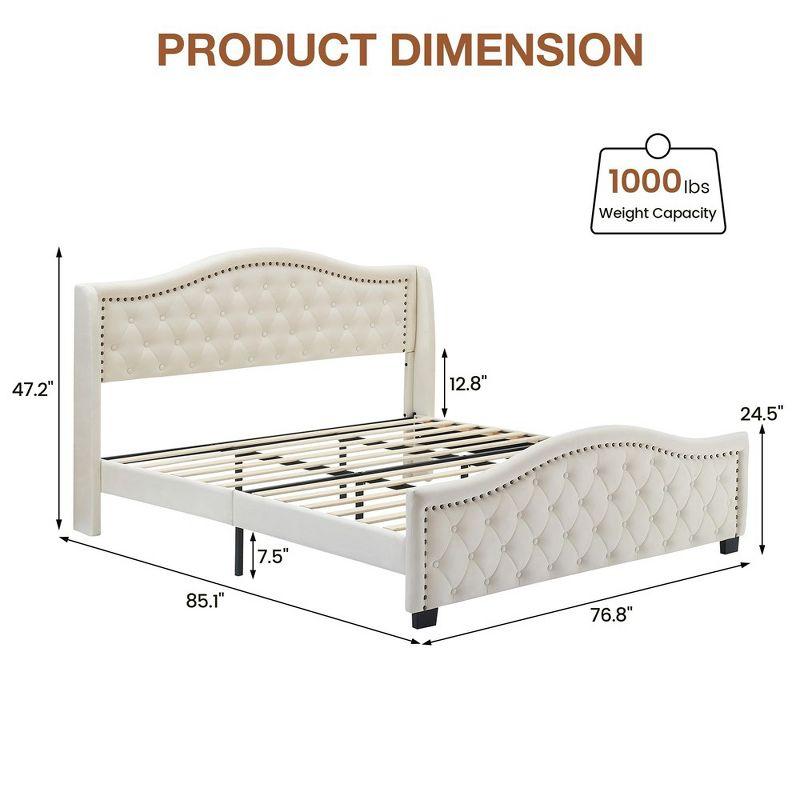 Queen King Bed Frame, Upholstered Platform Bed with Wingback Tall Headboard and Button Tufted Design, Wood Slat Support, No Box Spring Needed, Beige