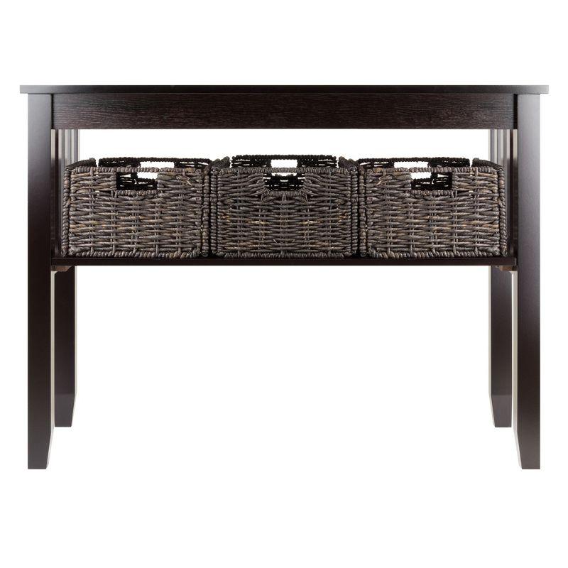 Transitional Espresso Brown Rectangular Console Table with Glass Top & Storage Baskets