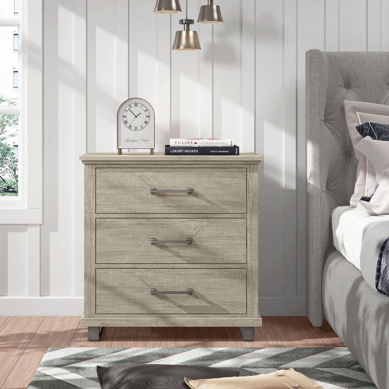 Beige 32'' Modern Nightstand with 3 Drawers and Metal Legs