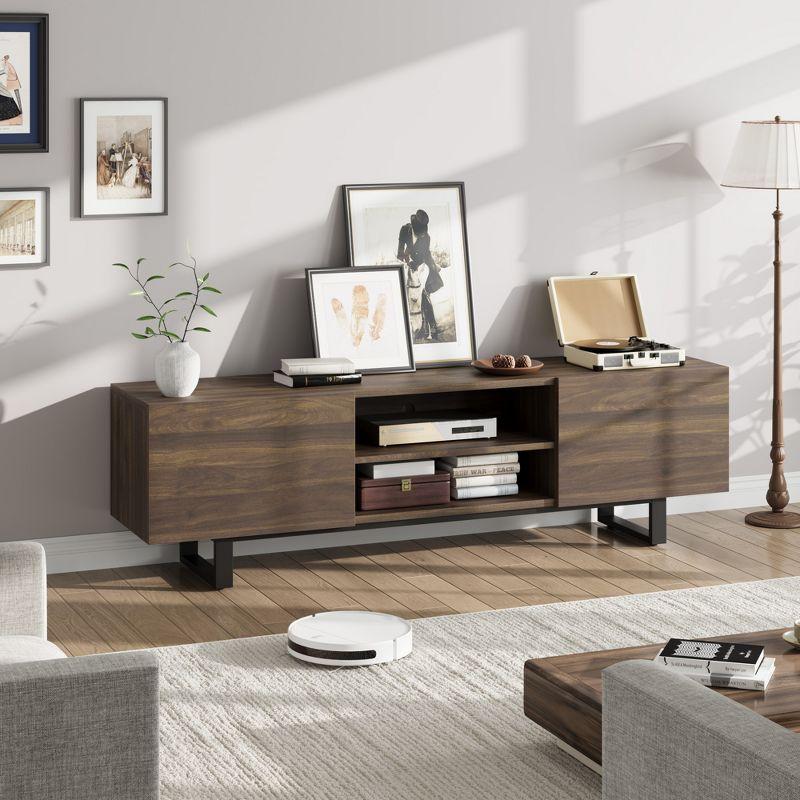 Industrial TV Stand for 80 Inch, Modern Entertainment Center with 2 Drawers, Wooden Cabinet with Heavy Duty Leg and Open Storage for Bedroom, Walnut