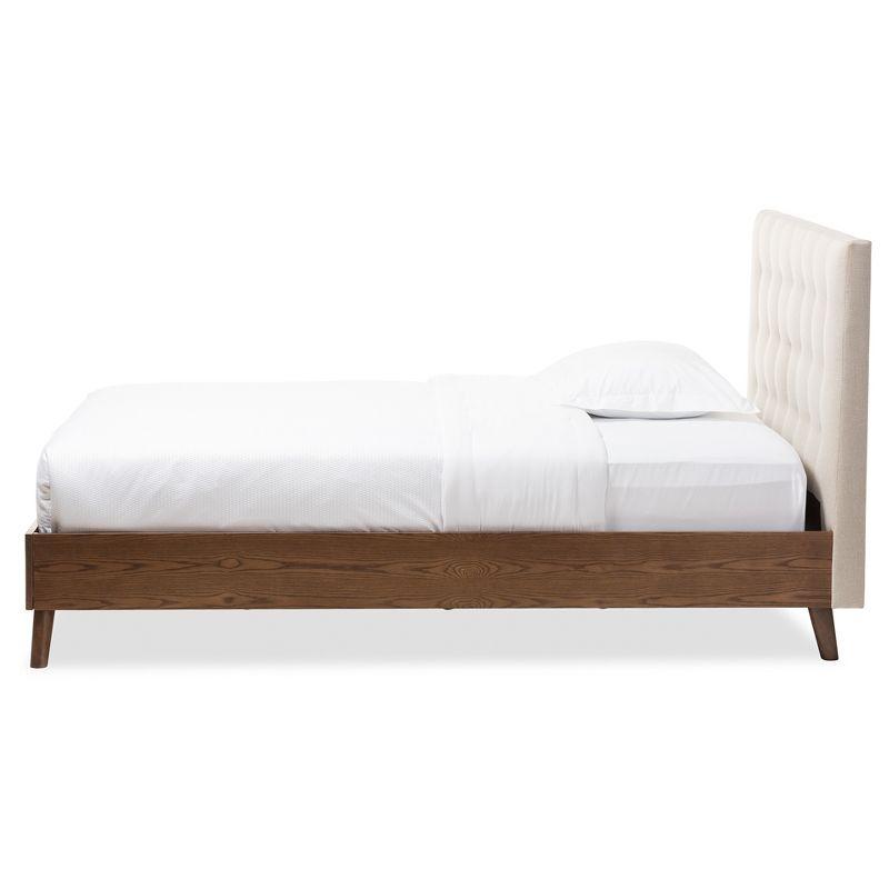 Alinia Mid-Century Retro Modern Fabric Upholstered Walnut Wood Platform Bed - Queen - Baxton Studio