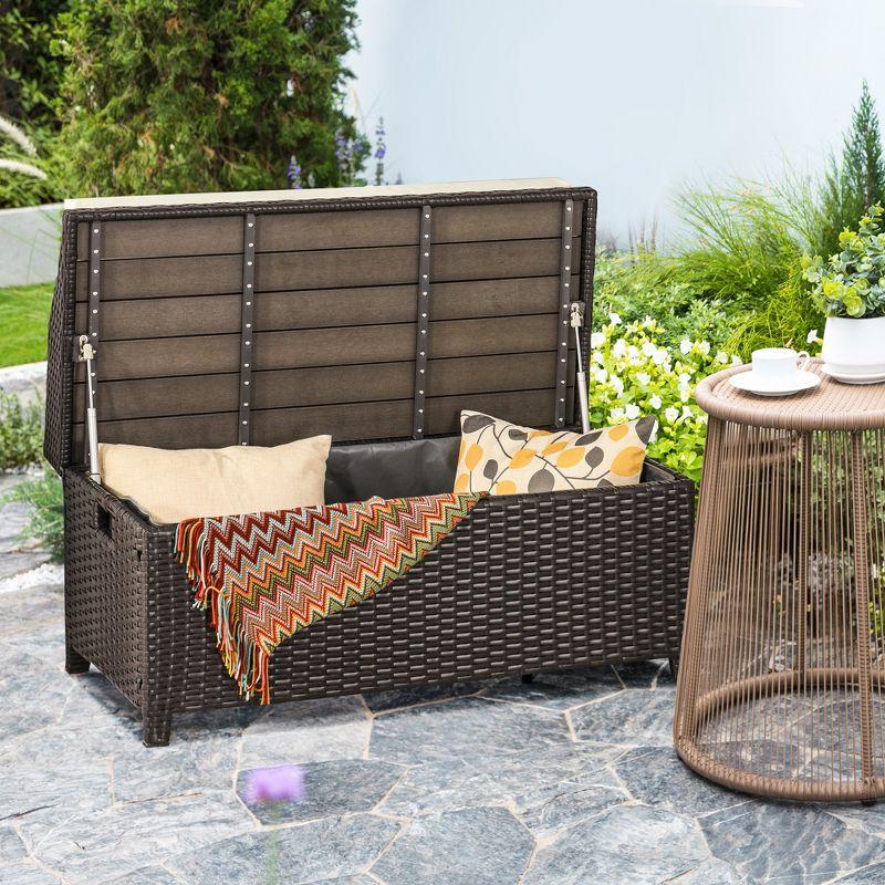 Outsunny Storage Bench Rattan Wicker Garden Deck Box Bin with Interior Waterproof Cloth Bag and Comfortable Cushion, White