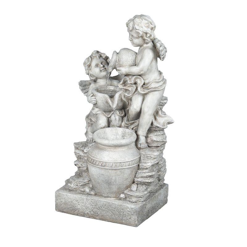 LuxenHome 30” Gray Resin Cherub Angels Outdoor Water Fountain with LED Lights, Garden Fountain Decor for Yard