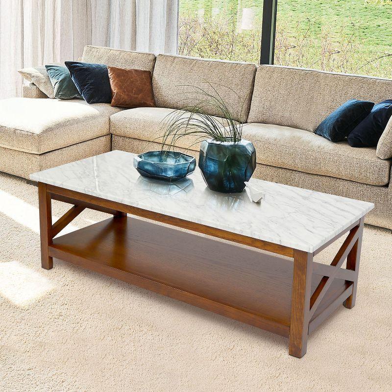 Agatha 44" Rectangular White Marble Coffee Table with Walnut Wood Legs