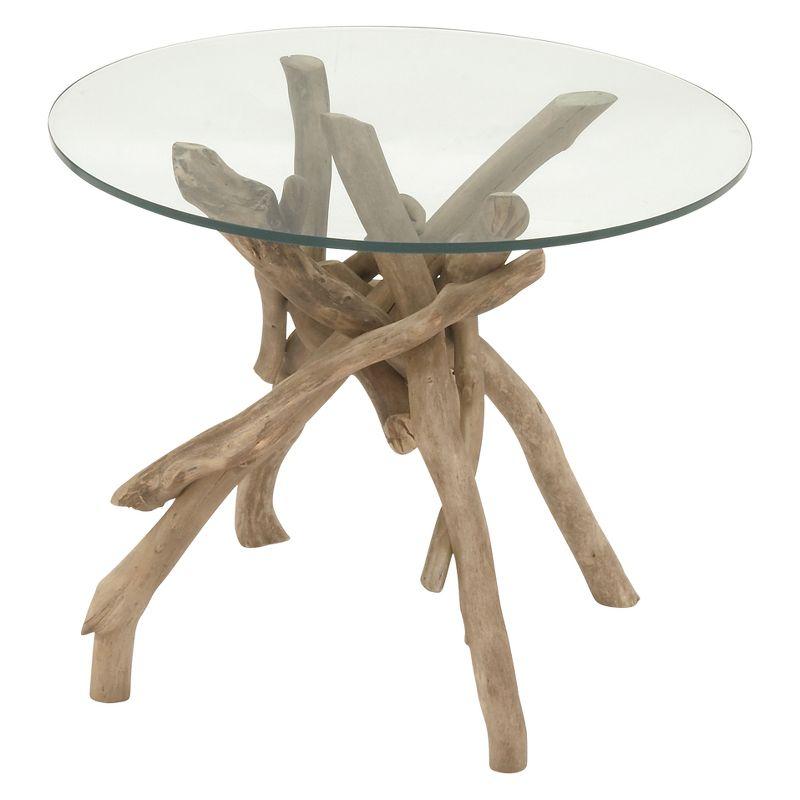 Log and Glass Round Accent Table Tan - Olivia & May: Handmade, No Assembly, Indoor Use