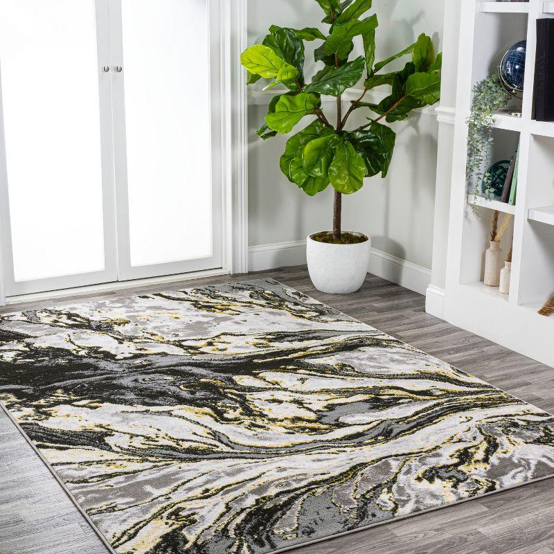 Abstract Swirl Marbled 5x8 Black/Yellow Synthetic Area Rug