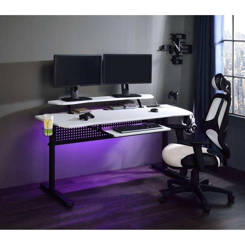 Vildre Gaming Desk with USB Port Black/White - Acme Furniture: Hutch, Power Outlets, Cupholder, Controller Stand