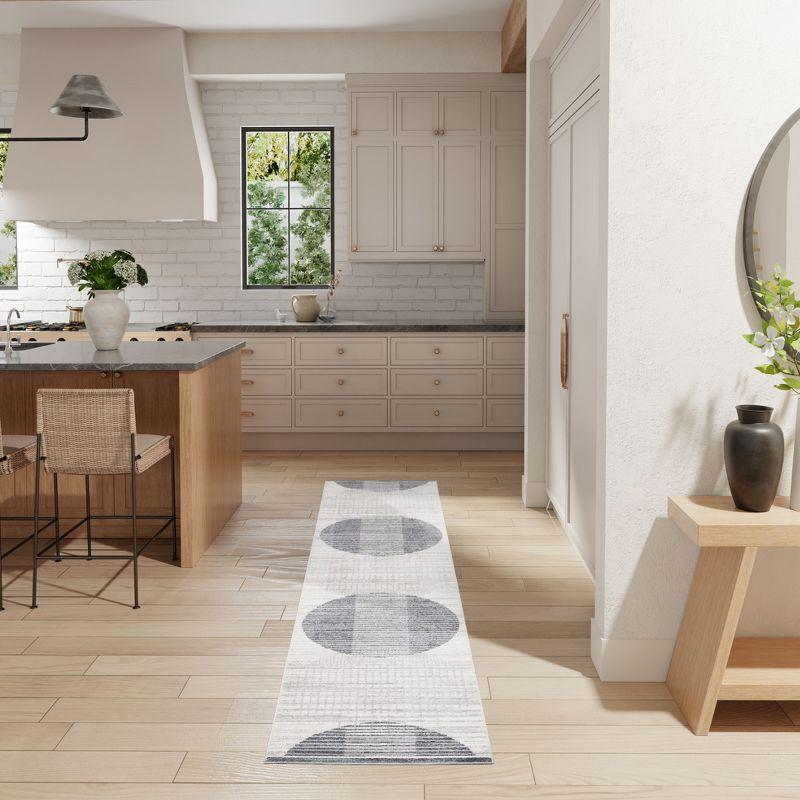 Nourison Astra Machine Washable Semi Circles Mid-Century Modern Indoor Bathroom, Kitchen Runner Rug Ivory Blue 2'2" x 12'