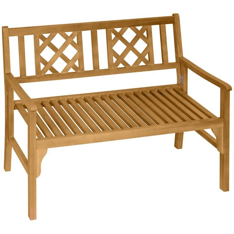 Outsunny Wooden Outdoor Garden Bench for 2, Portable Folding Bench 2 Seater with Backrest and Armrests, Natural