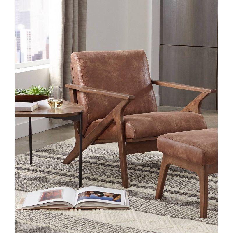 Camel Brown Faux Leather Barrel Accent Chair with Wood Frame