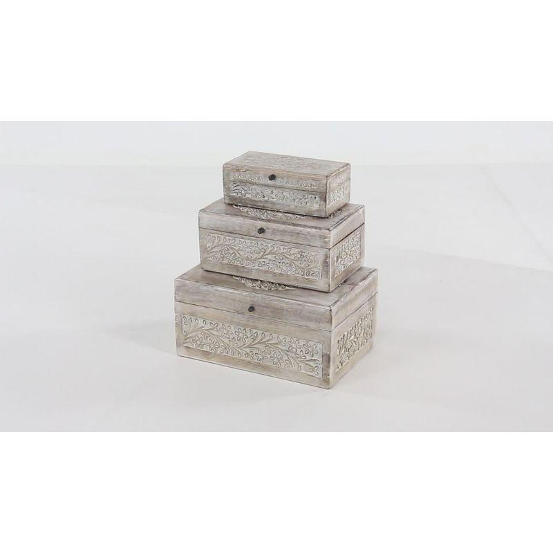 Set of 3 Natural Mango Wood Whitewashed Carved Design Boxes with Lid - Olivia & May