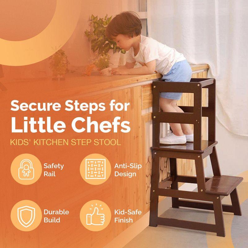 SDADI Kids Kitchen Step Stool Holds up to 150 Pounds with Safety Rail, Wide Platform Design, 4 Anti Slip Strips for 18 to 36 Months Old, Espresso