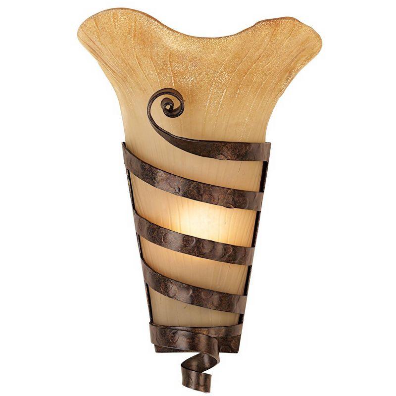 Franklin Iron Works Solara Rustic Wall Light Sconce Rust Iron Scroll Hardwire 10" Fixture Scavo Glass for Bedroom Bathroom Vanity Reading Living Room