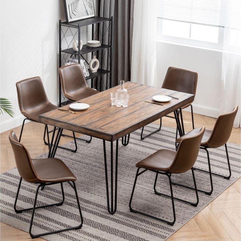 Roundhill Furniture Aryven Industrial Dining Set with Rustic Dark Pine Table and 6 Faux Leather Chairs in Antique Brown,7-Piece