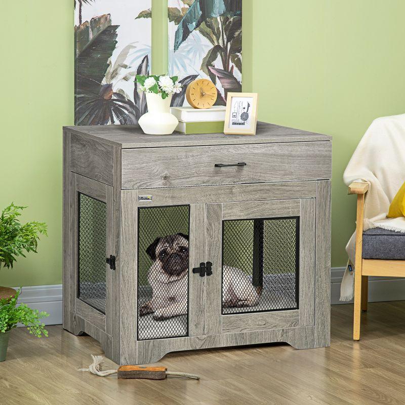 PawHut Dog Crate Furniture with Soft Water-Resistant Cushion, Dog Crate End Table with Drawer, Puppy Crate for Small Dogs Indoor with 2 Doors