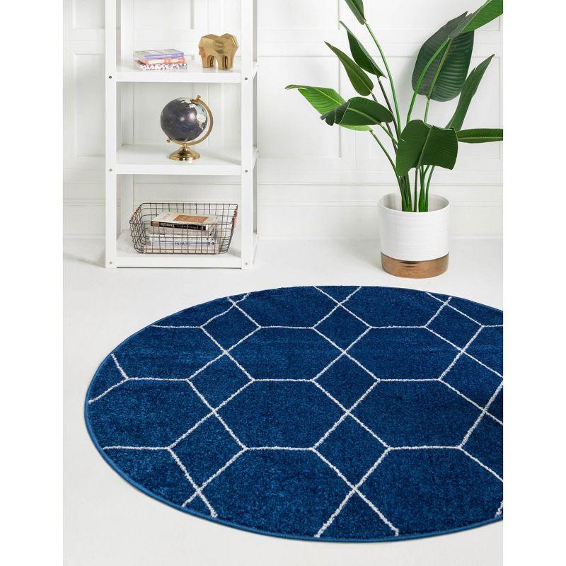 Navy Blue 7' Round Trellis Frieze Synthetic Area Rug