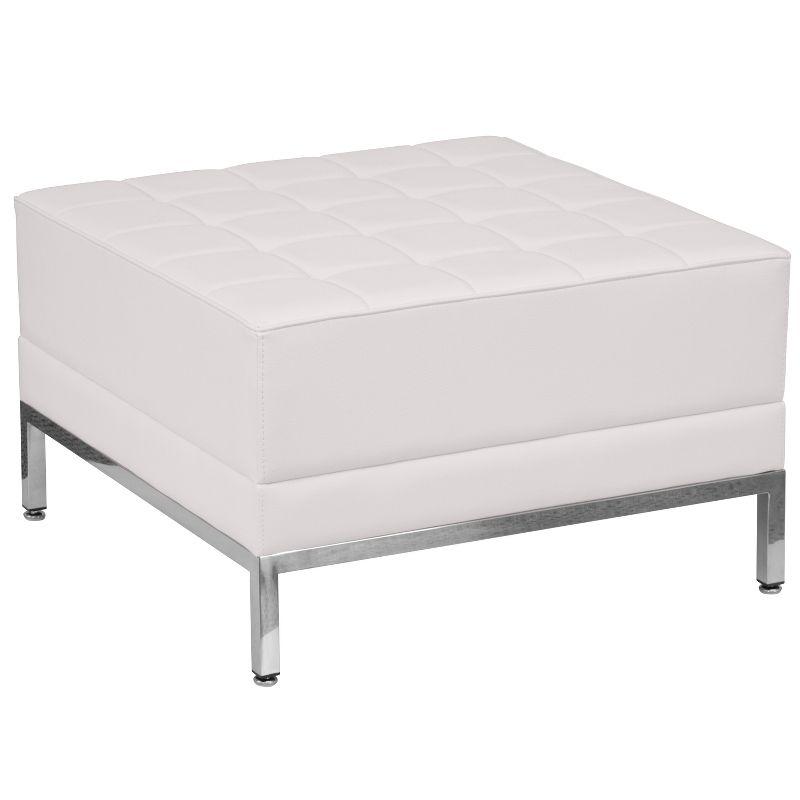 White Tufted Leather Square Ottoman with Stainless Steel Frame