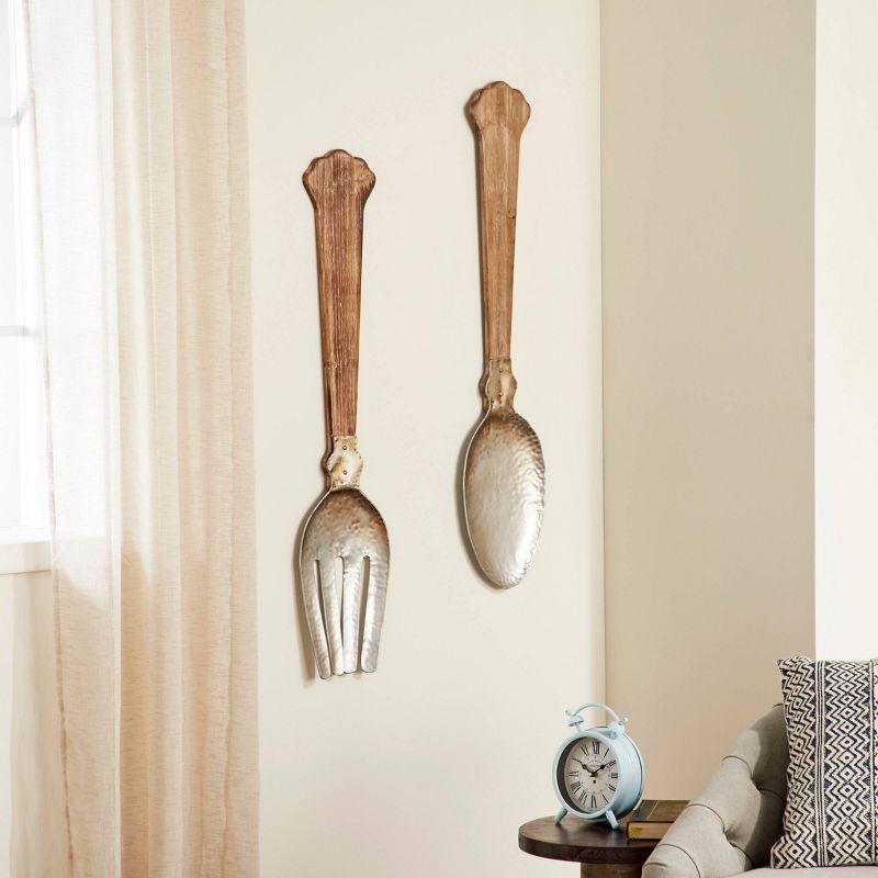 Metal Utensils Spoon and Fork Wall Decor Set of 2 Brown - Olivia & May: Iron Artwork, Farmhouse Style, Vertical Display