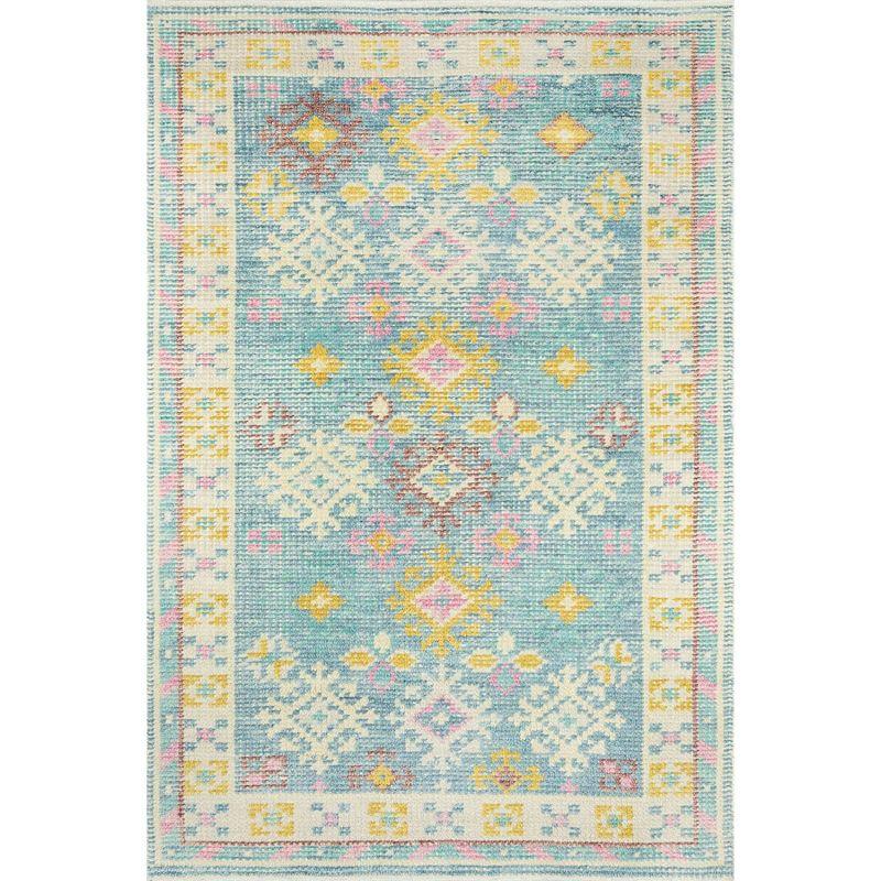 2'x3' Ophelia Accent Rug Ivory/Aqua Green - Momeni: Handmade Wool & Cotton, Bohemian Geometric, Medium Pile Rug