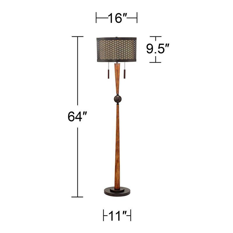 Franklin Iron Works Modern Mid Century Farmhouse Rustic Floor Lamp 64" Tall Bronze Cherry Wood Metal Cream Double Drum Shade for Living Room Reading