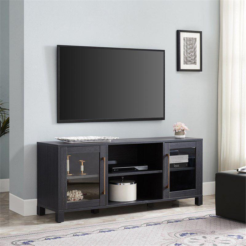 Charcoal Gray Rectangular TV Stand with Glass Doors