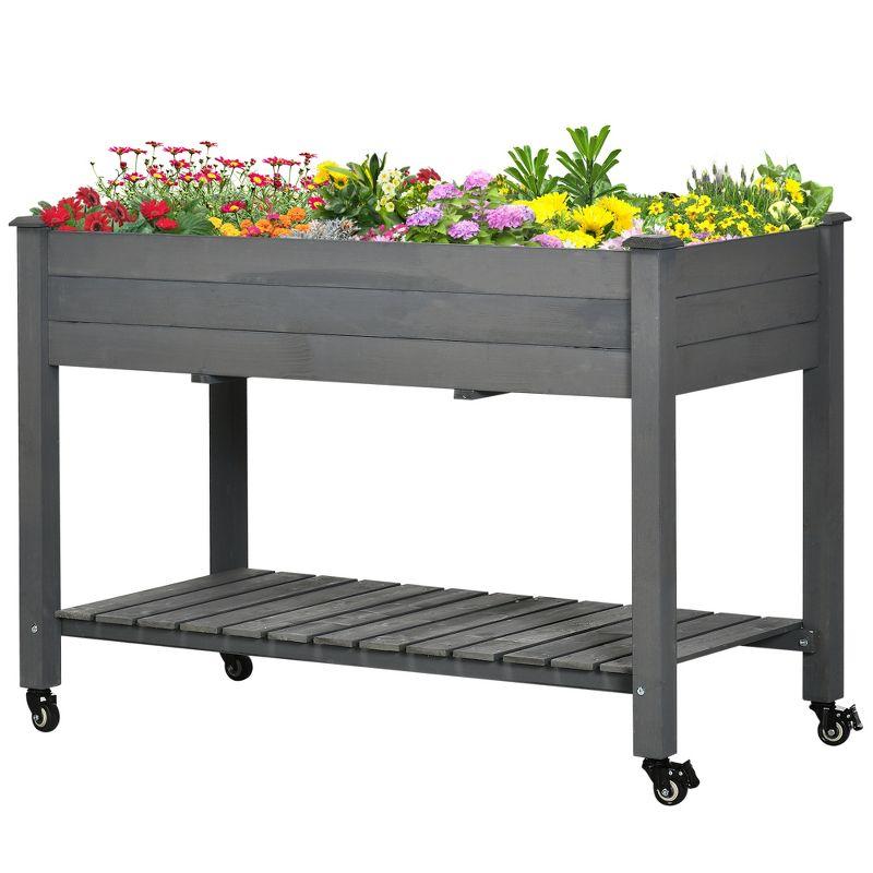 Outsunny 46.5" x 21.75" Raised Garden Bed, Elevated Wooden Planter Box w/ Lockable Wheels, Storage Shelf and Bed Liner for Backyard, Patio, Dark Gray